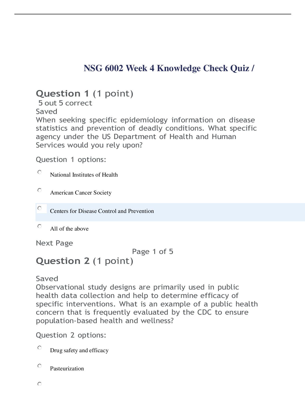 Preview of NSG 6002 Week 4 Knowledge Check Quiz / NSG6002 Week 4 Quiz (Knowledge Check) : South Unive
